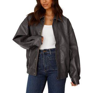 Women Grey Faux Leather Motorcycle Jacket Trendy Fall Spring Clothes Outerwear